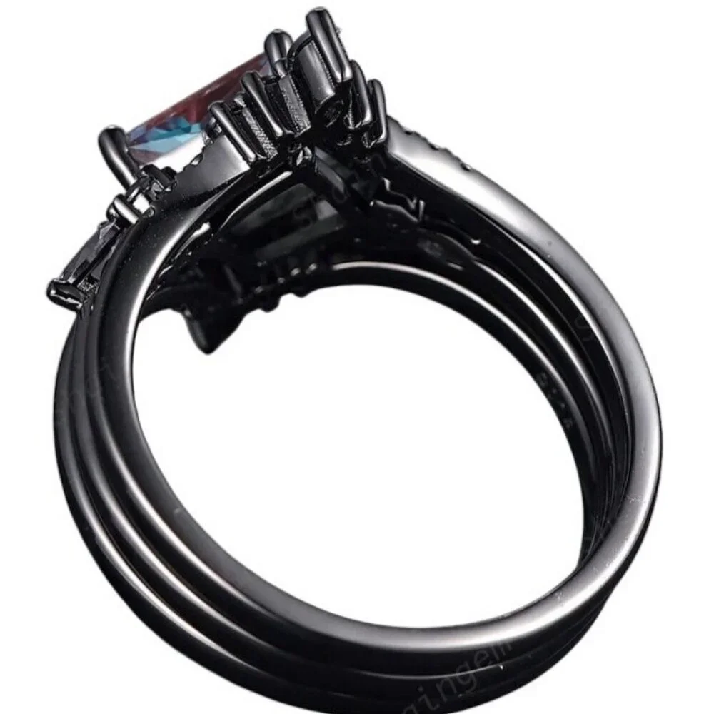 Princess Cut Alexandrite Engagement Wedding Ring Set with Moissanite in Rhodium